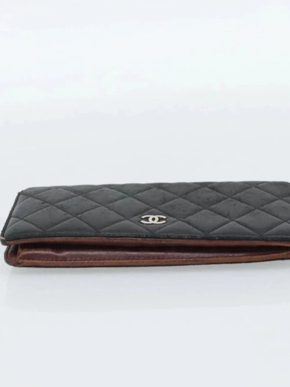 CHANEL Matelasse Long Wallet Lamb Skin Black Silver CC Auth 180933